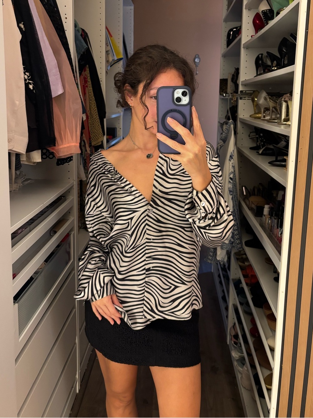 Silk Zebra Print V-Neck Button Cuff Blouse - Black & White